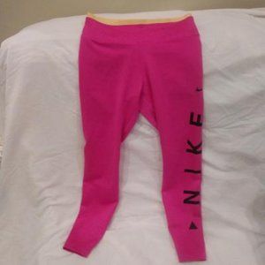Nike Leggings - Pink w/Large Blue Logo & Yellow Contrast Waistband